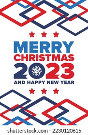 Merry Christmas and Happy New Year 2023. Magic holiday poster with snowflake. Winter celebration event. Christmas party. Congratulation card. Festive design template. Vector illustration
