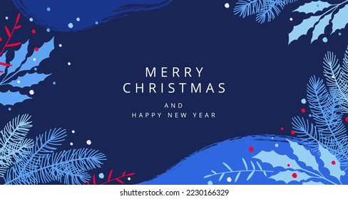 Merry christmas and happy new year banner. Winter holidays artistic template. Vector illustration for card, poster, cover, print, wallpaper, decor, header, social media post, advertisement