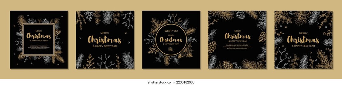 Merry Christmas and Happy New Year square designs with hand drawn golden evergreen branches and holly berries on black background. Vector illustration in sketch style