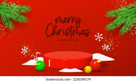 Merry Christmas and Happy New Year banner. Merry Christmas and New Year banner with red podium and decoration elements. Realistic 3d vector illustration for promotion goods. 3d ad illustration.