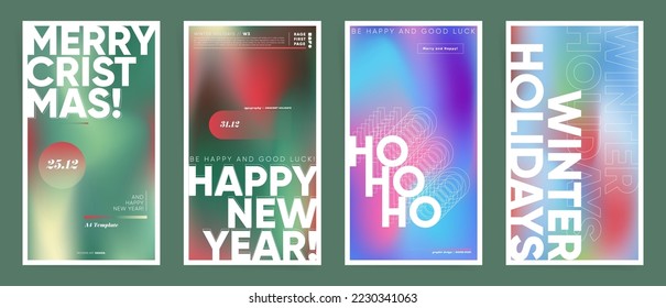 Merry Christmas and Happy New Year story templates. Set of gradient backgrounds with text and frames for social stories, postcards, posts. Modern blurry colorful winter holidays prints.
