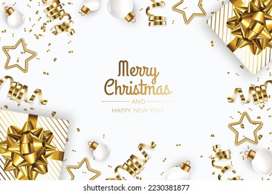 Merry Christmas and Happy New Year poster or banner with white gift box, christmas ball and gold christmas element