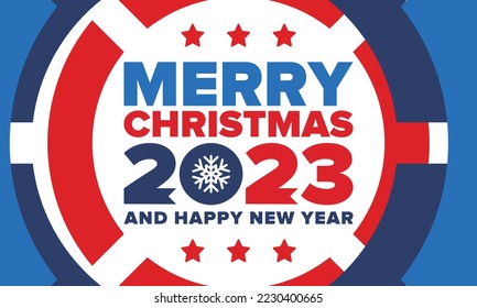 Merry Christmas and Happy New Year 2023. Magic holiday poster with snowflake. Winter celebration event. Christmas party. Congratulation card. Festive design template. Vector illustration