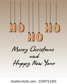 Merry Christmas and Happy New Year greetings from delicious gingerbread in the form of different Christmas Santa Ho-ho-ho. Vector flat illustration isolated on white 
