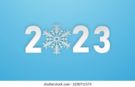 Merry Christmas and happy new year paper cut concept. Christmas happy new year 2023 and snowflakes, paper cut concept on blue background. Vector illustration. Paper cut and craft style