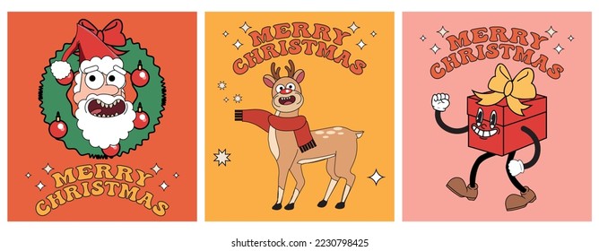 Merry Christmas and Happy New year. Santa Claus, reindeer, gift in trendy retro cartoon style. Greeting cards, template, posters, prints, party invitations and backgrounds. Red and pink colors.