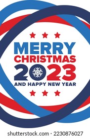 Merry Christmas and Happy New Year 2023. Magic holiday poster with snowflake. Winter celebration event. Christmas party. Congratulation card. Festive design template. Vector illustration