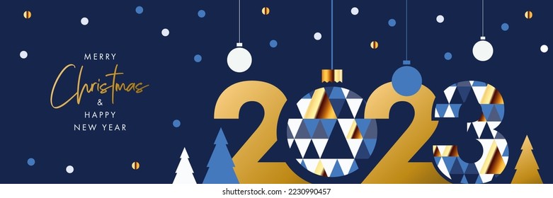 Merry Christmas and Happy New Year banner, greeting card, poster, holiday cover, header. Modern Xmas design in geometric style with triangle pattern, Christmas tree, ball, snow and 2023 number on blue