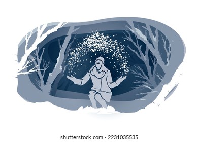 Merry Christmas and Happy New Year. Humans in forest with snow in the winter season.Design paper art and crafts.
