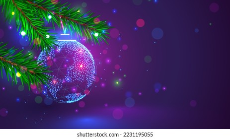 Merry Christmas and Happy New Year card in computer technology style. Globe in shape Christmas ball decoration on christmas tree close up. New tech Digital internet communication congratulation card.