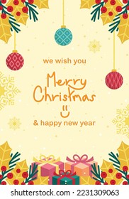Merry Christmas and Happy New Year greeting card in yellow, green, red, pink and white colors. Christmas leaf, balls, snowflake and gifts elements. Vector illustration.