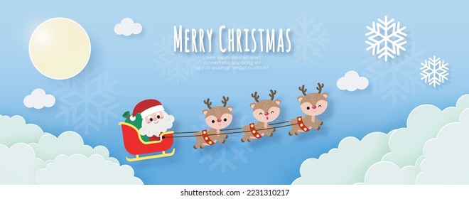 Merry Christmas and Happy new year Santa Claus and friend in sleigh on the sky Paper cut style banner template Xmas holiday party concept illustration character HNY isolated on background vector