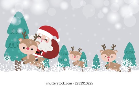 Merry Christmas and happy new year greeting card banner template with cute Santa Claus with gift, cartoon character in Christmas snow scene winter banner, Xmas holiday concept isolated on background