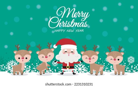 Merry Christmas and happy new year greeting card banner template, cute Santa Claus and reindeer, cartoon character in Christmas snow scene winter banner, Xmas holiday concept isolated on background