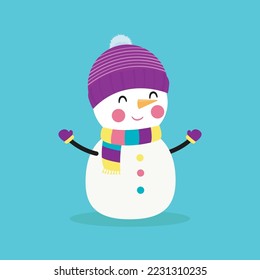 Merry Christmas and Happy new year, cheerful snowman wearing christmas winter costume, banner template Xmas holiday party concept illustration character HNY vector background