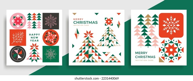 Merry Christmas and Happy New Year greeting card. Christmas tree and balls with a pattern of triangles. Colorful geometric Xmas invite.