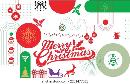 Merry Christmas and Happy New Year Set of greeting cards, posters, holiday covers. Xmas Design with beautiful snowflakes in modern line art style on red background. Christmas tree, border frame, decor