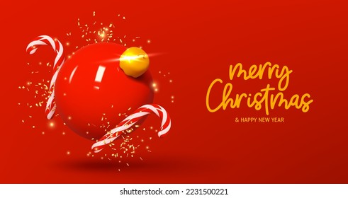 Merry Christmas and Happy New Year. Holiday banner with 3d red xmas ball,  realistic candy canes, golden confetti and sparkles. Christmas 3d vector illustration. Happy New Year banner.