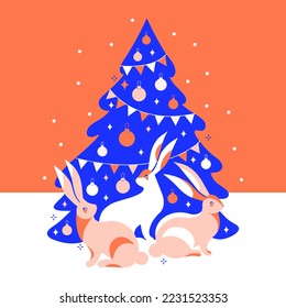 Merry Christmas and happy New year square card or banner 2023. Group of hares or bunny sitting under Christmas tree. Chinese zodiac Rabbit symbol. Vector illustration in bright trending pop style