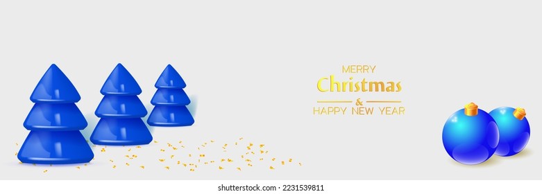 Merry Christmas and Happy New Year illustration. Winter holiday vector illustration. Festive composition with plastic fir trees and blue christmas balls. 3d objects