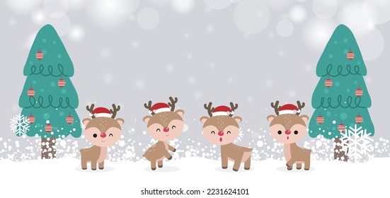 Merry Christmas and happy new year greeting card banner template with group of cute reindeer, cartoon character in Christmas snow scene winter banner, Xmas holiday concept isolated on background