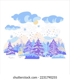 Merry Christmas and Happy New Year Postcard, Poster, Flyer, Banner template. Christmas tree forest, deer, falling snow, winter landscape for new year holidays. Vector ilustration