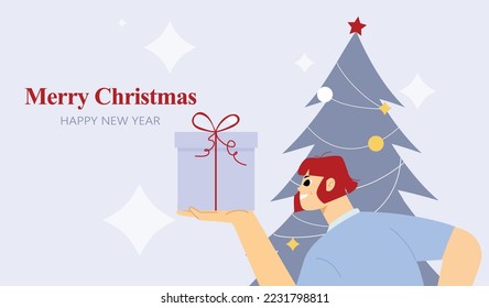 Merry Christmas and Happy New Year greeting card. Vector illustration. Woman holding present background for party invitation card, website banner, social media banner, marketing material