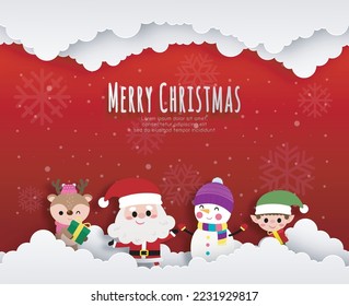 Merry Christmas and Happy new year Paper cut style Santa Claus and friend on sky banner template Xmas holiday party concept illustration character HNY isolated on background vector
