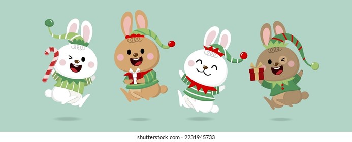 Merry Christmas and happy new year 2023 greeting card with rabbit and bunny in elf costumes. Holiday cartoon character. -Vector