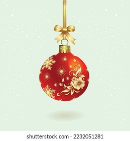 Merry Christmas and Happy New Year. Realistic Christmas ball with golden pattern and bow on light background for greeting card, poster, holiday background