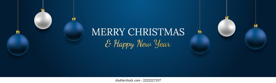 Merry Christmas and Happy New Year vector banner. Realistic rose gold and blue baubles, snowflakes hanging on dark blue background. Vector illustration concept