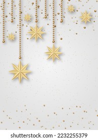 Merry Christmas and Happy New Year vector illustration. Light background with stars, snowflakes and winter decor. Flyer, invitation card, booklet template