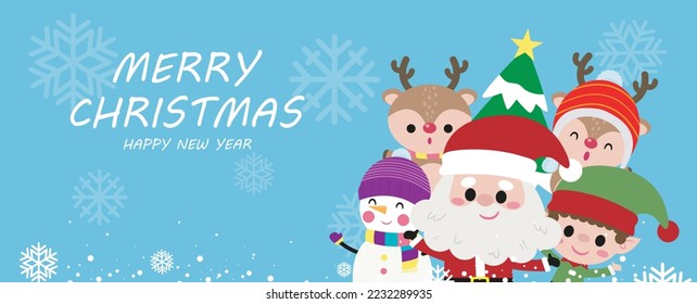 Merry Christmas and happy new year greeting card with cute Santa Claus, snowman, little elf and deer. Holiday cartoon character in winter season HNY vector illustration poster background 