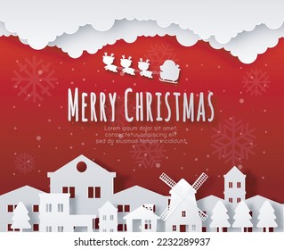 Merry Christmas and Happy new year Paper cut style Santa Claus and friend on sleigh in the village banner template Xmas holiday party concept illustration character HNY isolated on background vector