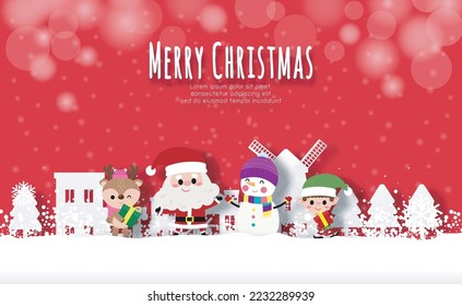 Merry Christmas and Happy new year Paper cut style Santa Claus and friend in the village banner template Xmas holiday party concept illustration character HNY isolated on background vector