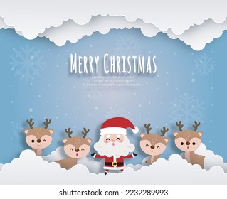 Merry Christmas and Happy new year Paper cut style Santa Claus and reindeer on sky banner template Xmas holiday party concept illustration character HNY isolated on background vector