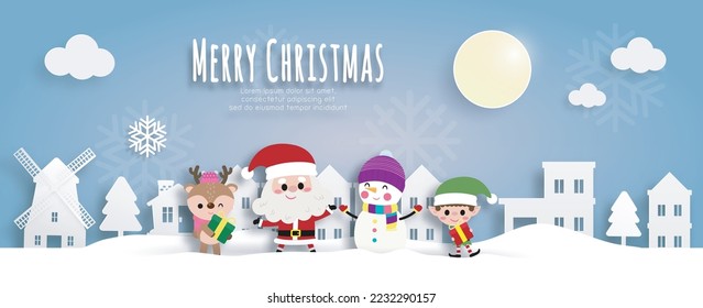 Merry Christmas and Happy new year Paper cut style Santa Claus and friend in the village banner template Xmas holiday party concept illustration character HNY isolated on background vector
