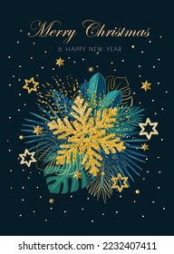 Merry Christmas, Happy New Year design template. Golden stars and snowflakes, abstract green leaves and confetti in luxury flyer, elegant cover of brochure  vector illustration