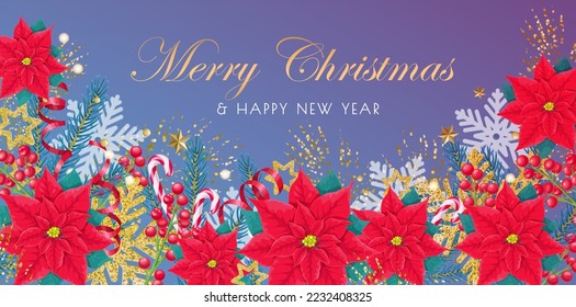 Merry Christmas, Happy New Year design template. Xmas decor with golden and white snowflakes, red serpentine and flower poinsettia, berry and Christmas tree branch vector illustration