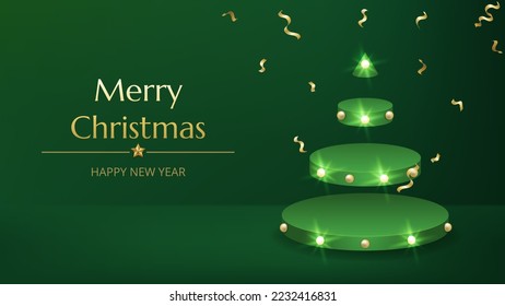 Merry Christmas Happy New Year background. Green Christmas tree 3d render of cylinder, sharp cone, lush pine and spruce green tree stage. Round studio podium, realistic 3d decorative garland glow.