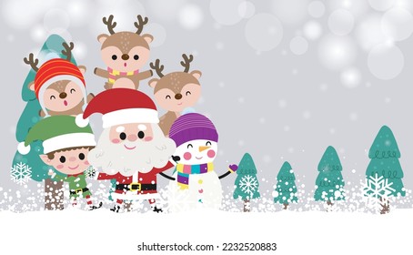 Merry Christmas and happy new year greeting card with cute Santa Claus, snowman, little elf and deer. Holiday cartoon character in winter season HNY vector illustration poster background 