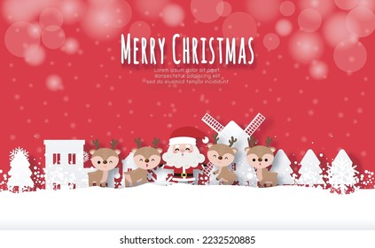 Merry Christmas and Happy new year Paper cut style Santa Claus and reindeer in the village banner template Xmas holiday party concept illustration character HNY isolated on background vector