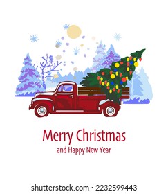 Merry Christmas and Happy New Year Postcard, Poster, Flyer, Banner template. Retro red pickup truck with christmas tree and gifts, falling snow, forest, winter landscape, holidays. Vector ilustration