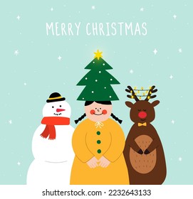 Merry christmas and happy new year character. Cute girl, animal, reindeer, snowman. Winter cover, invitation, poster design. greeting card template. Hand drawn style. Trendy flat vector illustration.