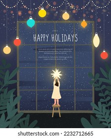 Merry Christmas and Happy New Year. Cute girl Put Golden Star on Top. Window with a night sky. Xmas celebration concept. Holiday card, flyer. Hand drawn style. Trendy flat design vector illustration.