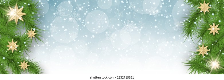 Merry Christmas and Happy New Year vector illustration. Blue background with stars and winter decor. Banner, invitation card, coupon, web header template