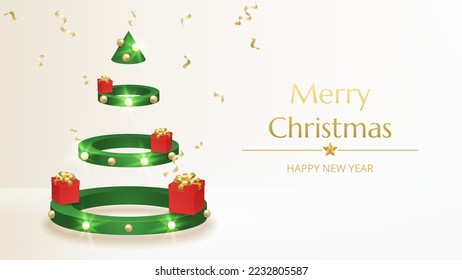 Merry Christmas Happy New Year background. Green Christmas tree 3d render of cylinder, sharp cone, lush pine and spruce green tree stage. Holiday gifts. Round studio podium, realistic 3d garland glow.