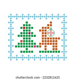 Merry Christmas and Happy New Year greeting card vector template. Deer and christmas tree. Abstract vintage pixel illustration on white background.
