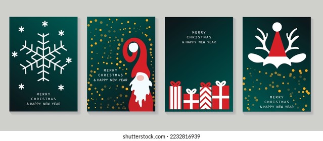 Merry christmas and happy new year holiday cover template vector set. Decorative cards with snowflake, santa, presents, reindeer. Design illustration for card, corporate, greeting, wallpaper, poster.