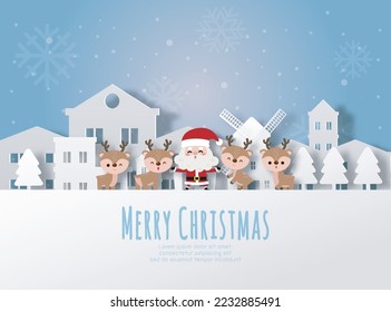 Merry Christmas and Happy new year Paper cut style Santa Claus and reindeer in the village banner template Xmas holiday party concept illustration character HNY isolated on background vector